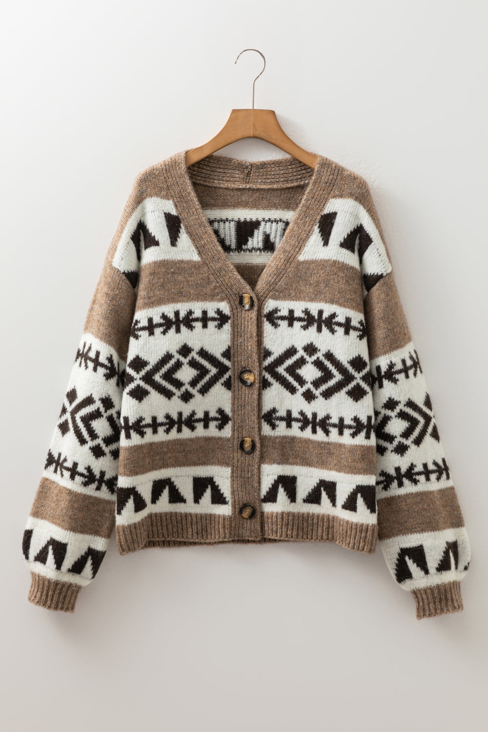 Dark Khaki Ethnic Geometric Pattern Button Front V Neck Sweater Cardigan