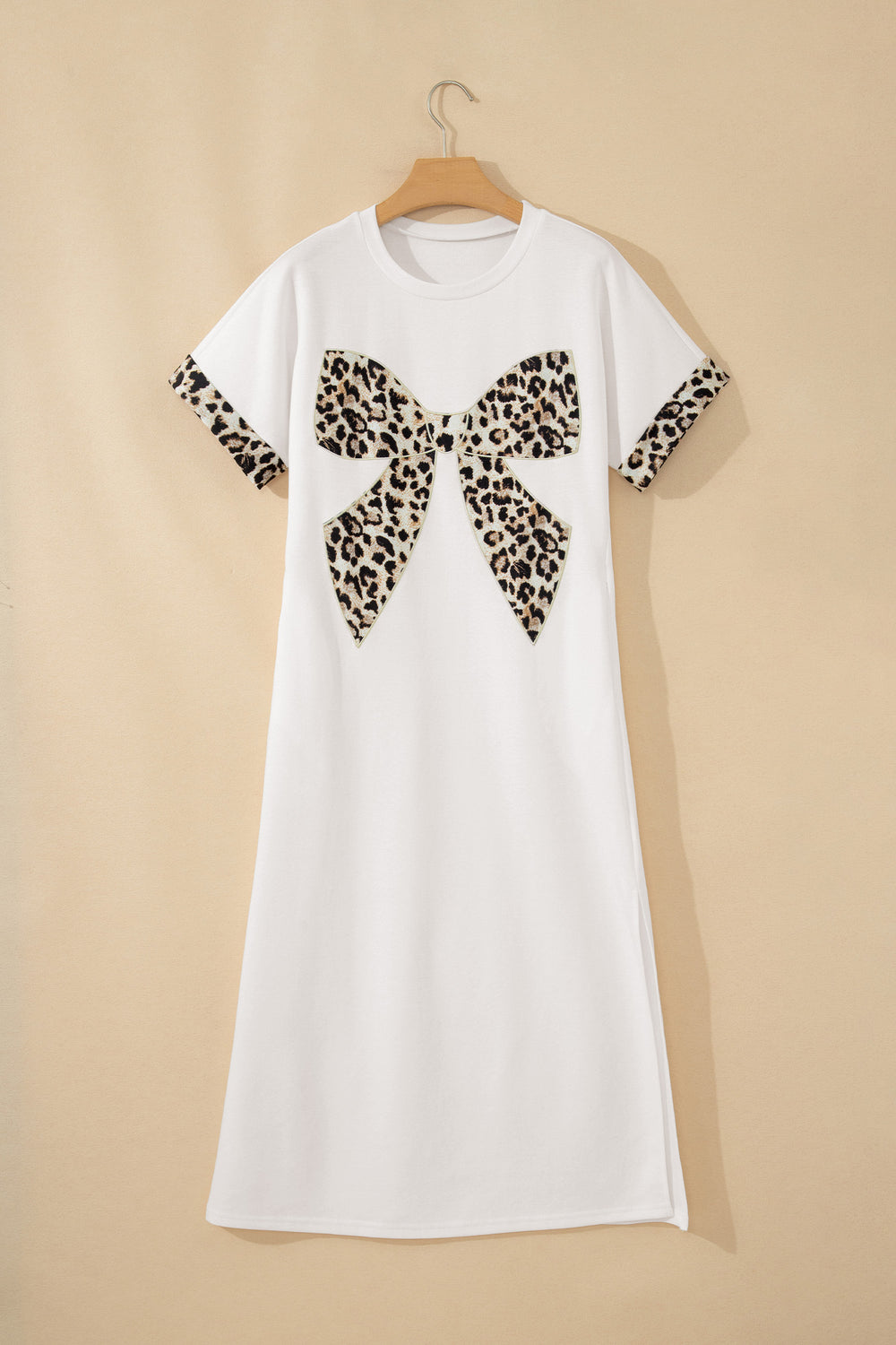 Dark Grey Contrast Leopard Bow Patched Short Sleeve T Shirt Long Dress