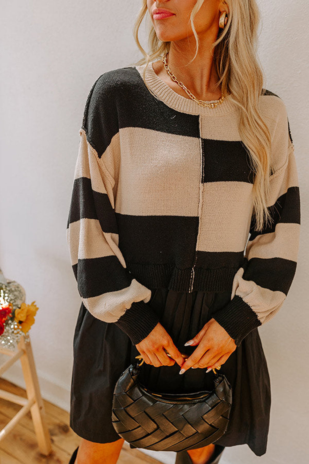 Black Stripe Two in One Knitted Top High Waist Splicing Hem Sweater