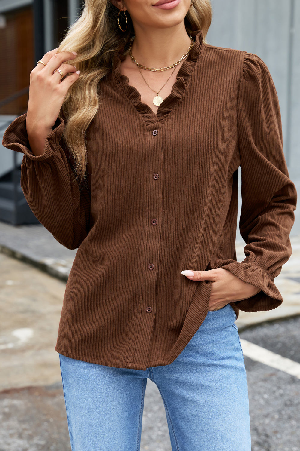 Coffee Solid Color Ruffle Trim V Neck Long Sleeve Button Corduroy S...