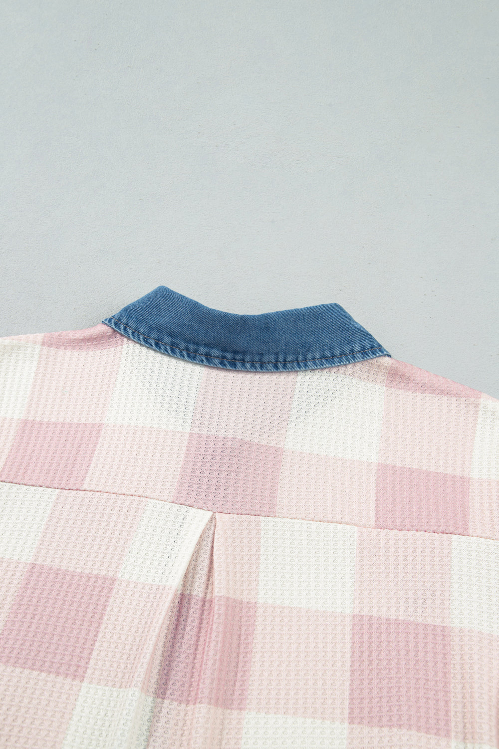 Pink Waffle Plaid Print Contrast Denim Shirt Collar Buttoned T Shirt Mini Dress