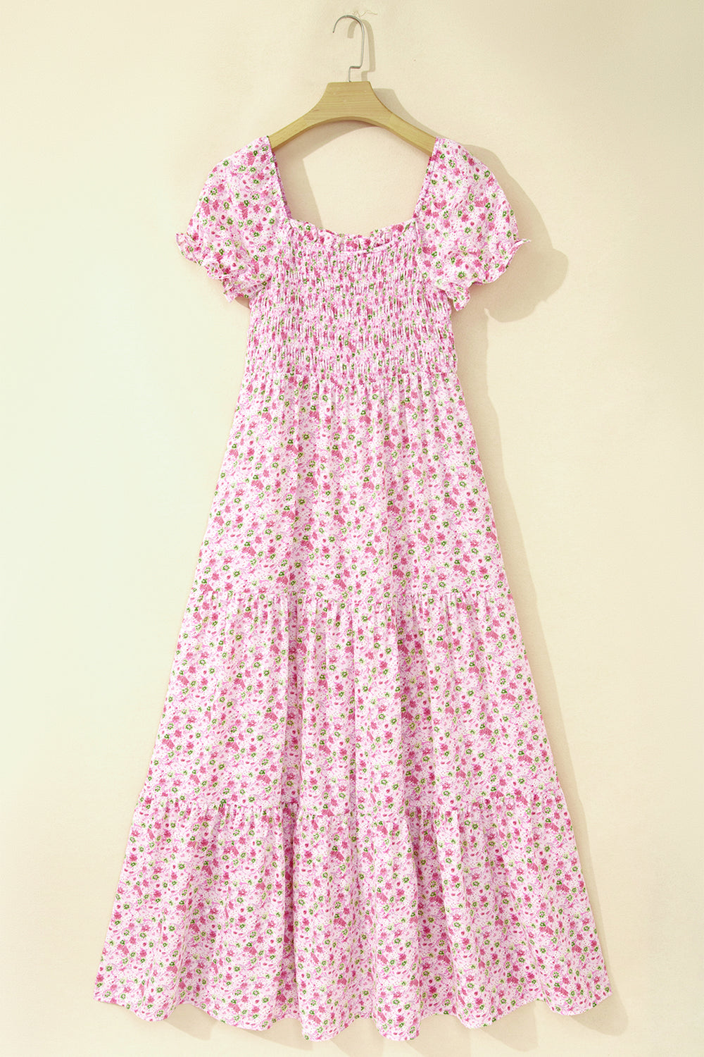 Purple Floral Short Bubble Sleeve Shirred High Waist Maxi Dress