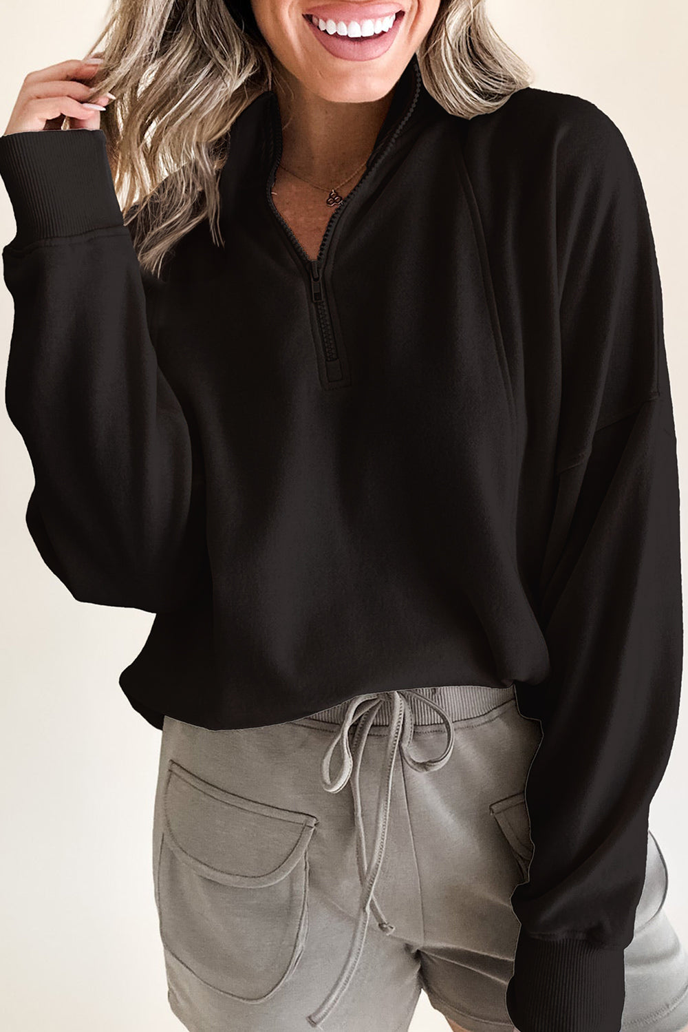 Jungle Green Zipped Neck Pullover Drop Shoulder Sweatshirt