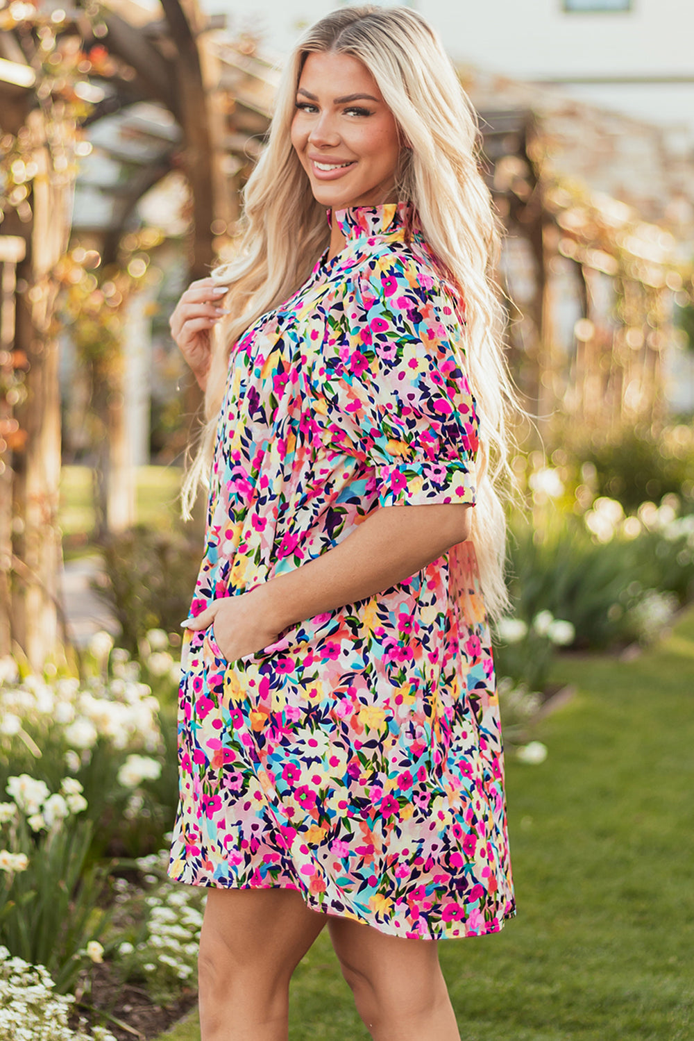 Pink Floral Puff Short Sleeve V Neck Mini Dress