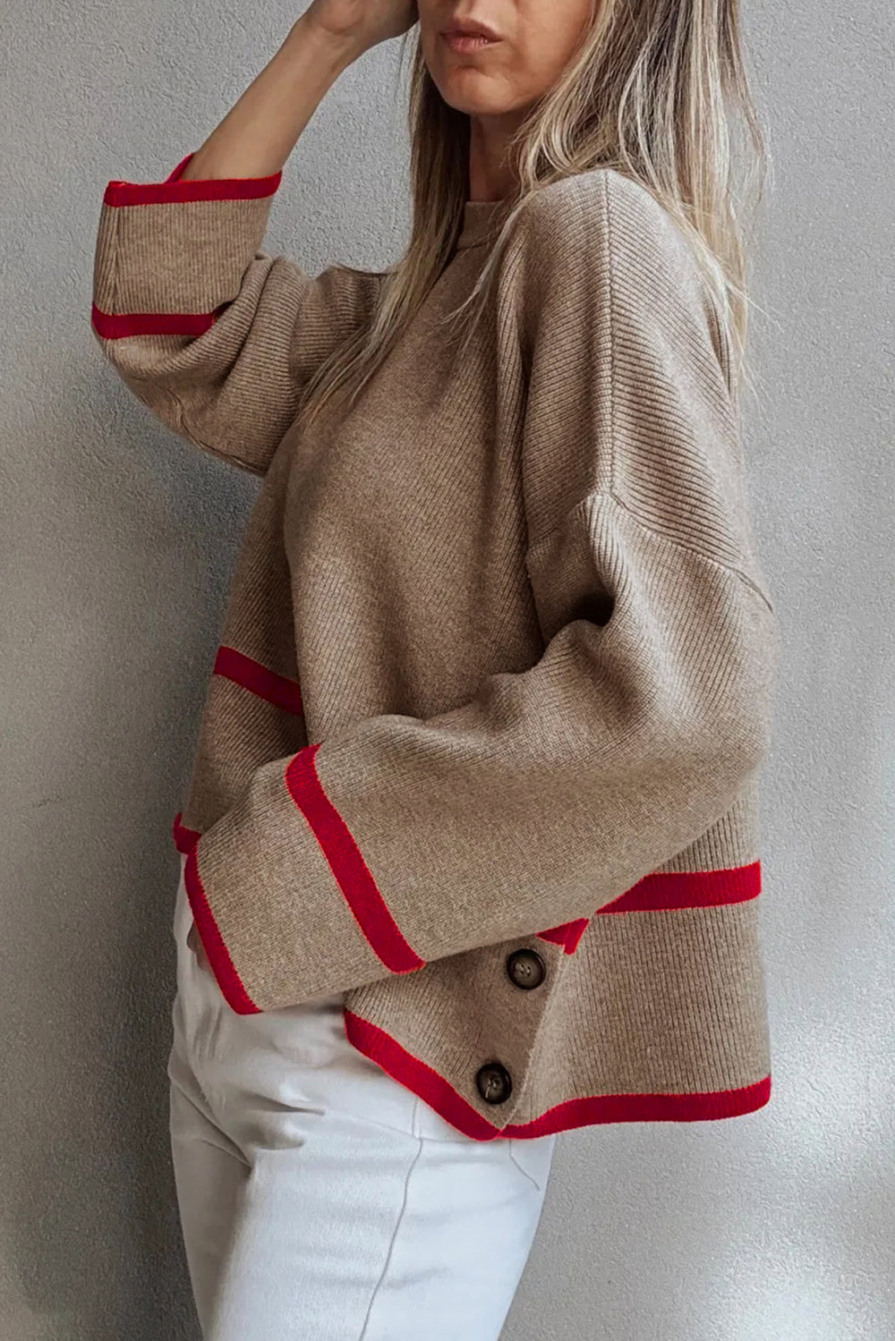 Simply Taupe Ribbed Knit Contrasted Stripe Detail Button Side Loose Sweater