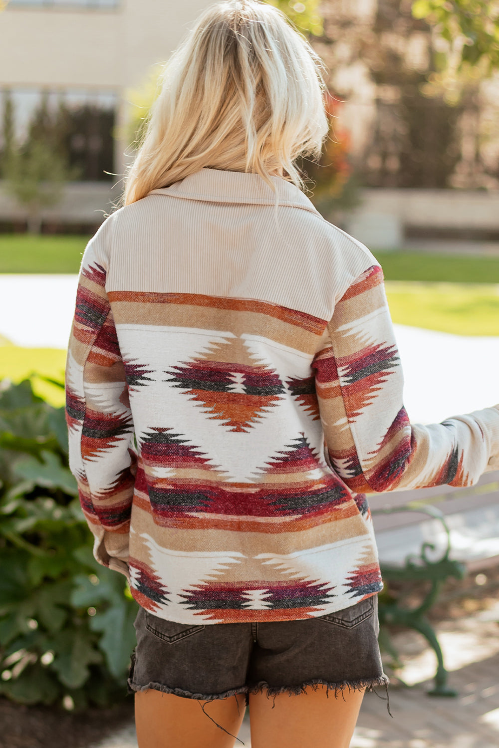 Multicolour Western Aztec Ribbed Patchwork Double Flap Pocket Raw H...