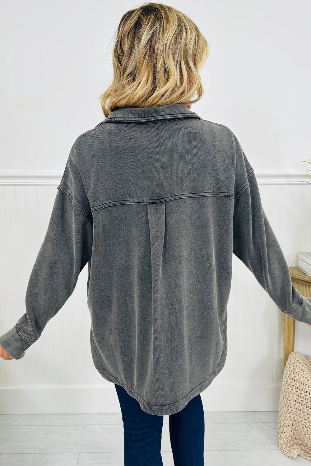 Medium Grey Mineral Wash Chest Pockets Drop Shoulder Shacket with S...