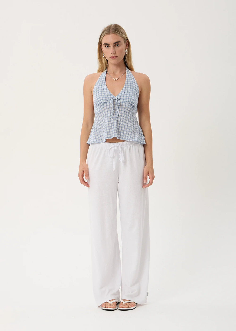 Womens Seersucker Halter Top Delfina - Powder Blue Check - AFENDS