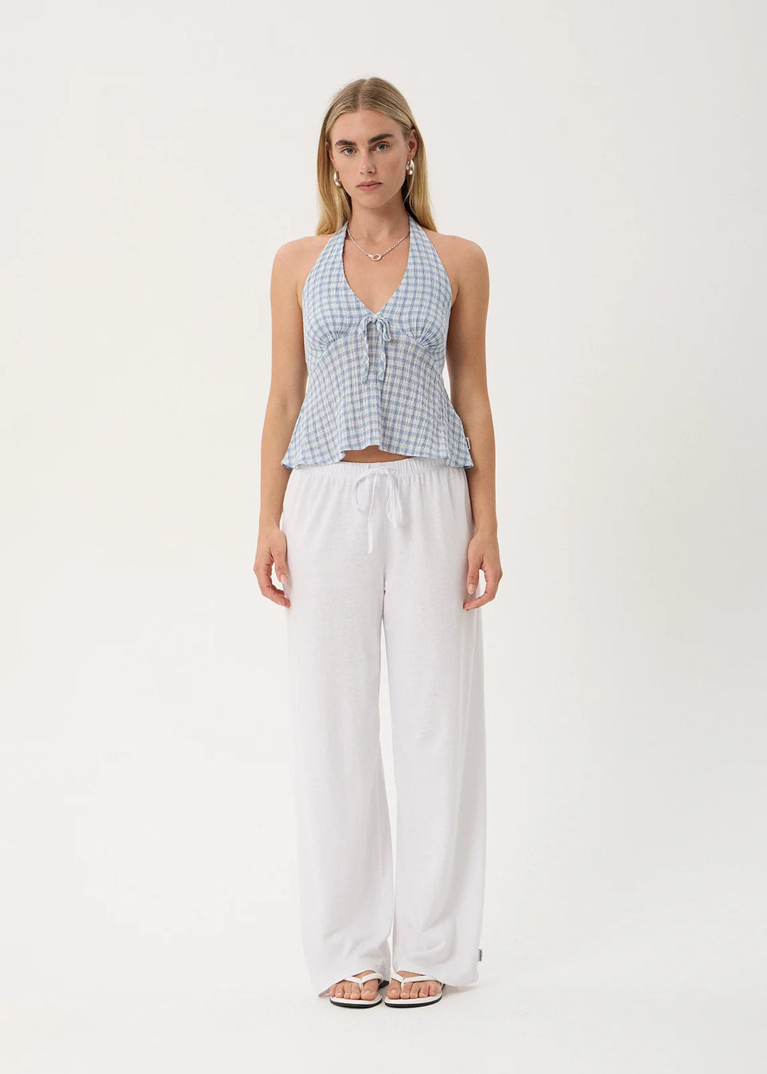 Delfina Seersucker Halter Top – Powder Blue Check