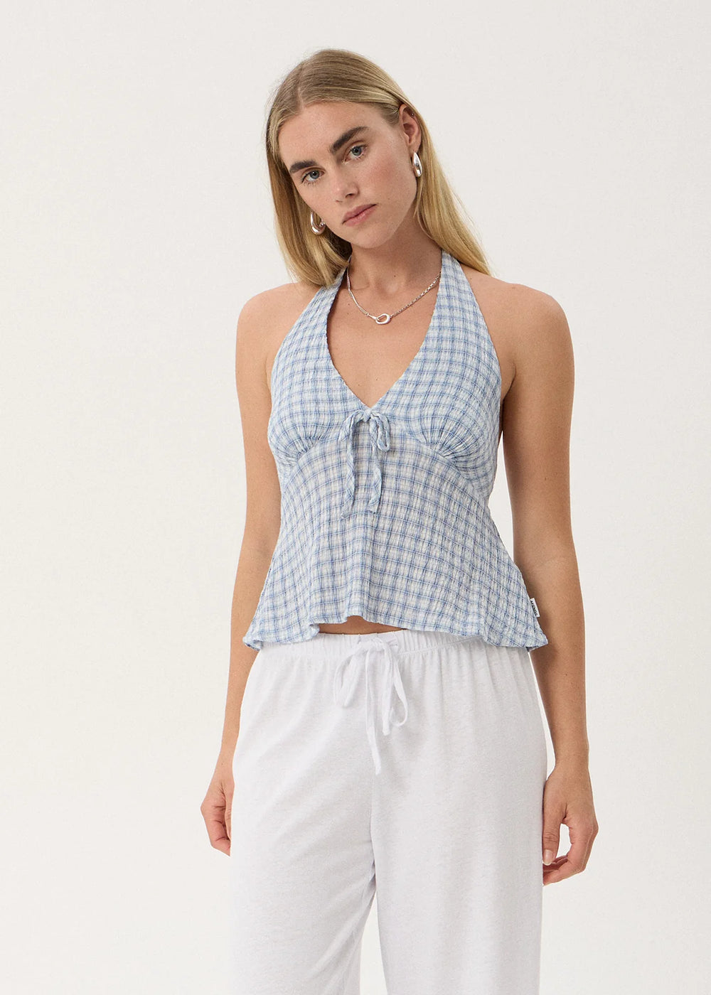 Womens Seersucker Halter Top Delfina - Powder Blue Check - AFENDS