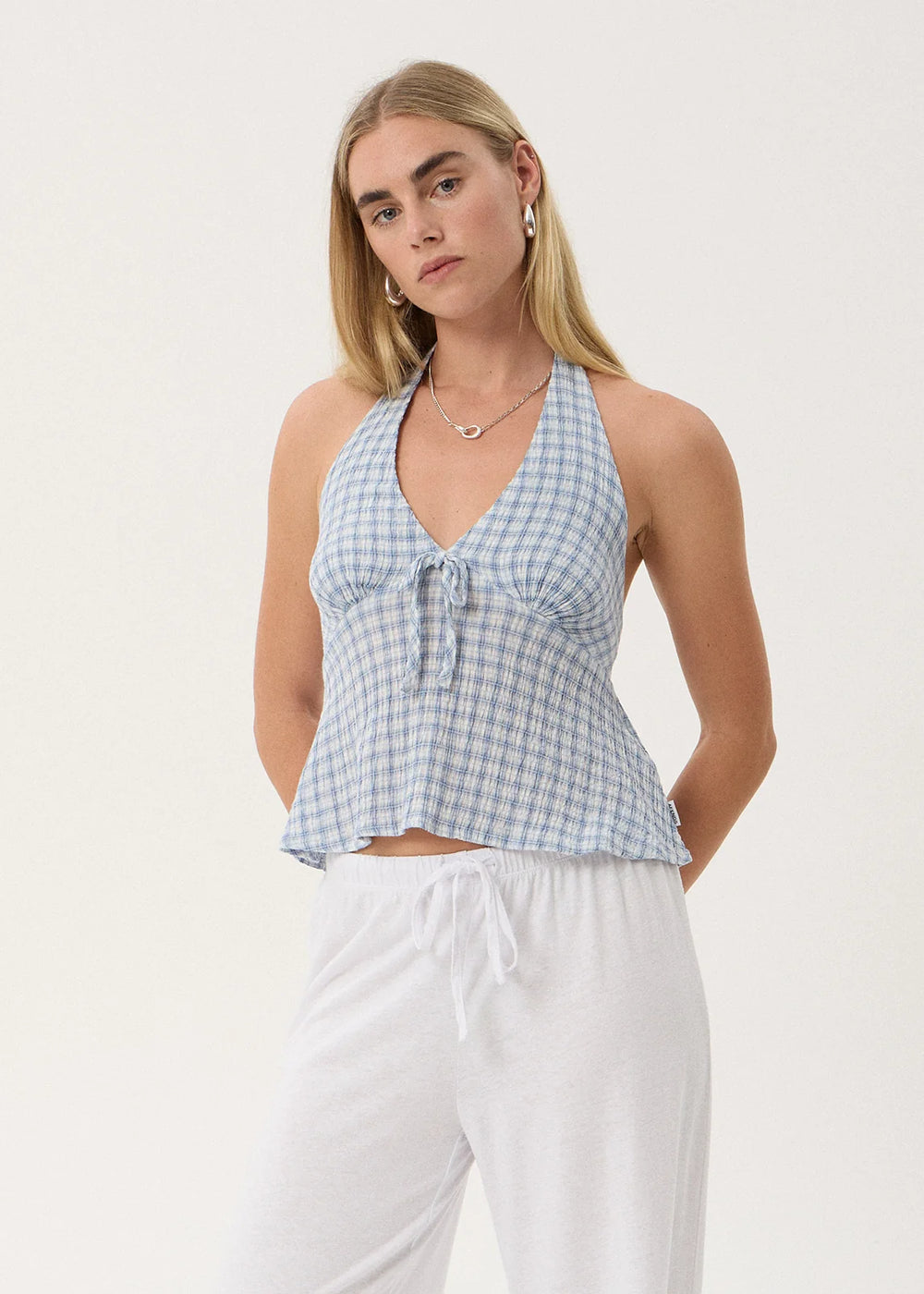 Womens Seersucker Halter Top Delfina - Powder Blue Check - AFENDS