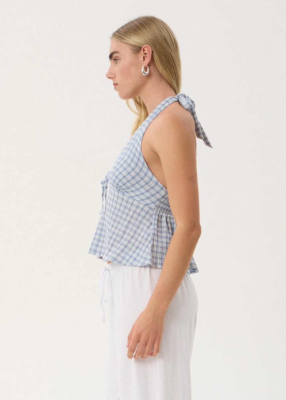 Womens Seersucker Halter Top Delfina - Powder Blue Check - AFENDS