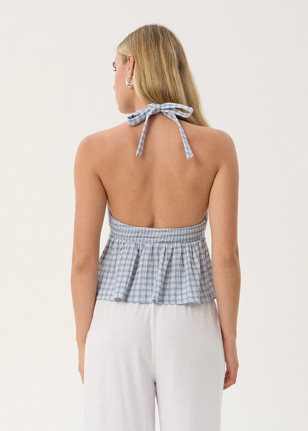 Womens Seersucker Halter Top Delfina - Powder Blue Check - AFENDS
