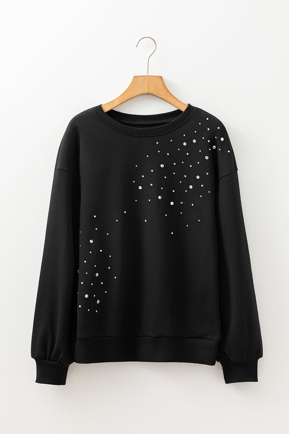 Black Rhinestone Embellished Drop Shoulder Ribbed Cuffs Sweatshirt
