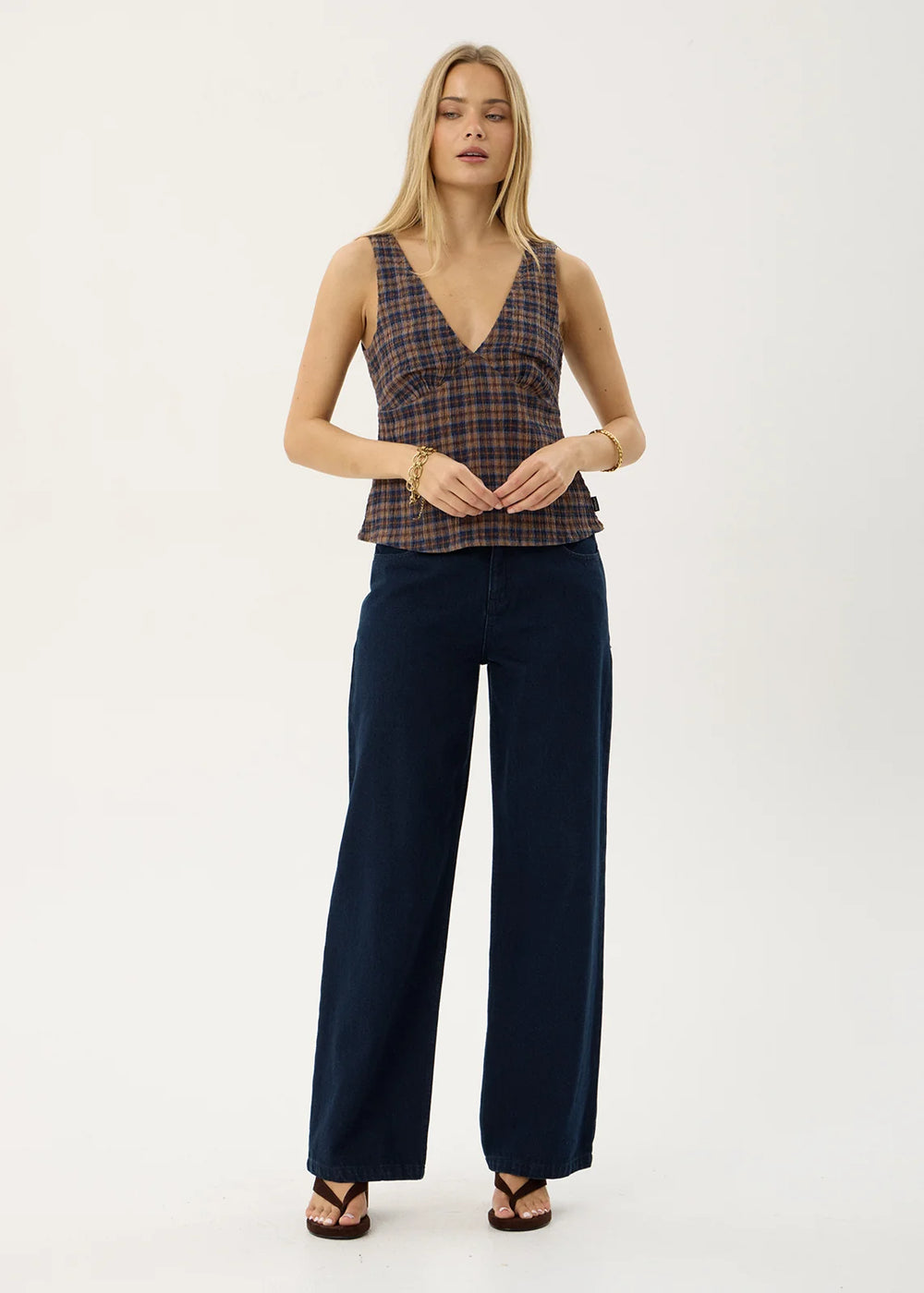 Womens Seersucker Top Giselle - Shev Indigo Check - AFENDS