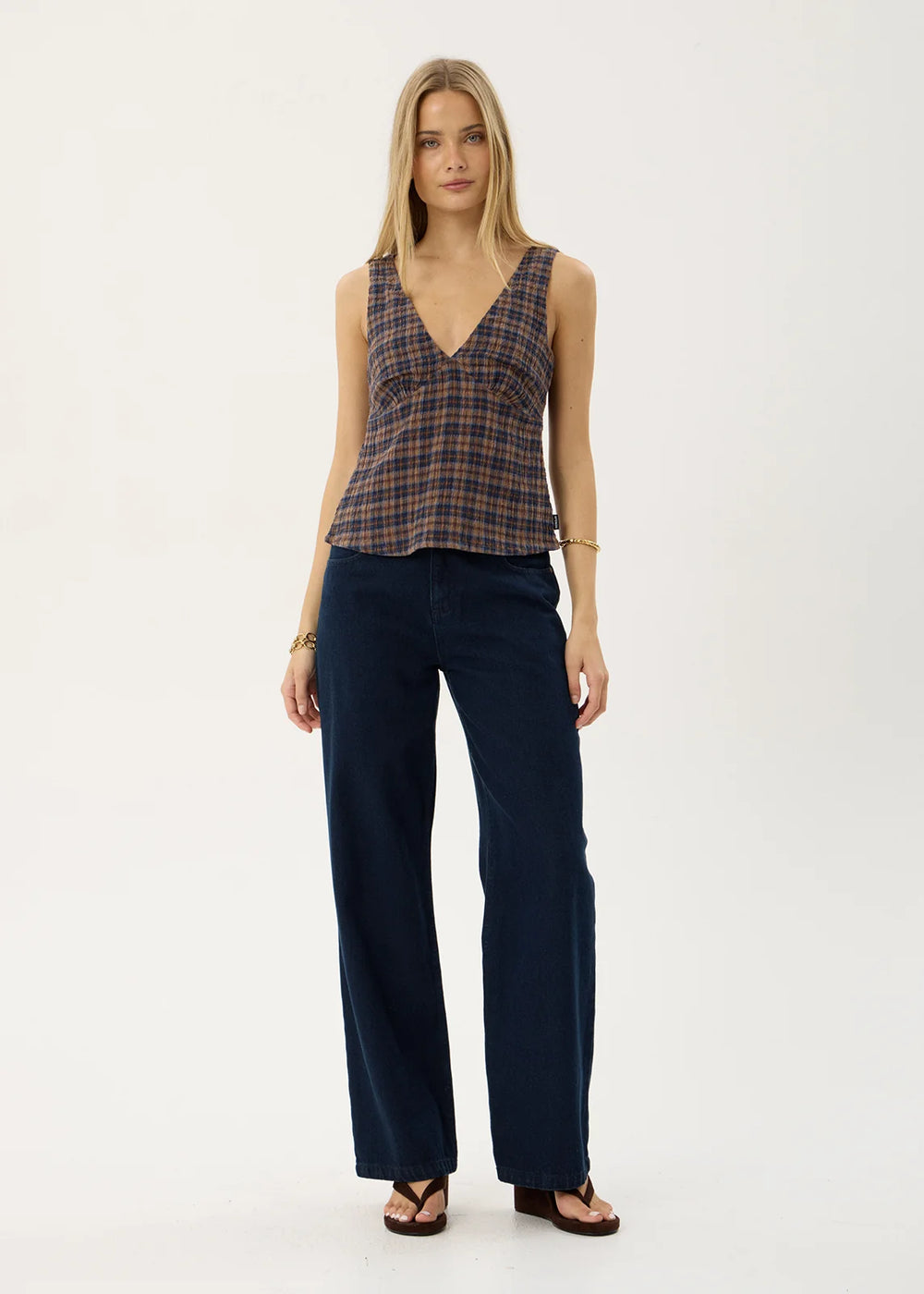 Womens Seersucker Top Giselle - Shev Indigo Check - AFENDS