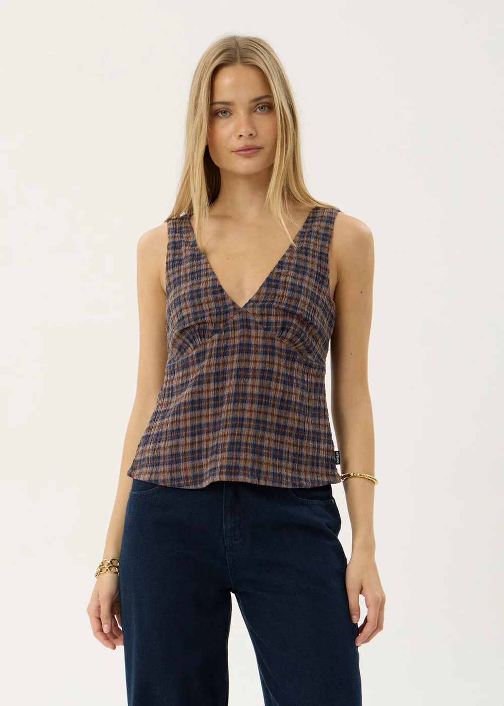 Womens Seersucker Top Giselle - Shev Indigo Check - AFENDS