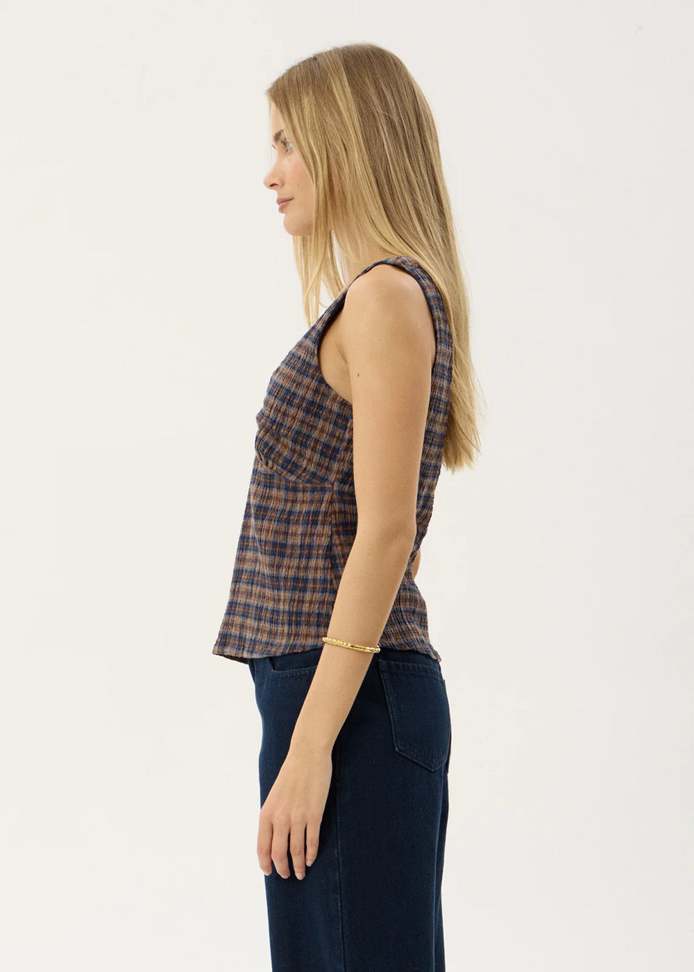 Womens Seersucker Top Giselle - Shev Indigo Check - AFENDS