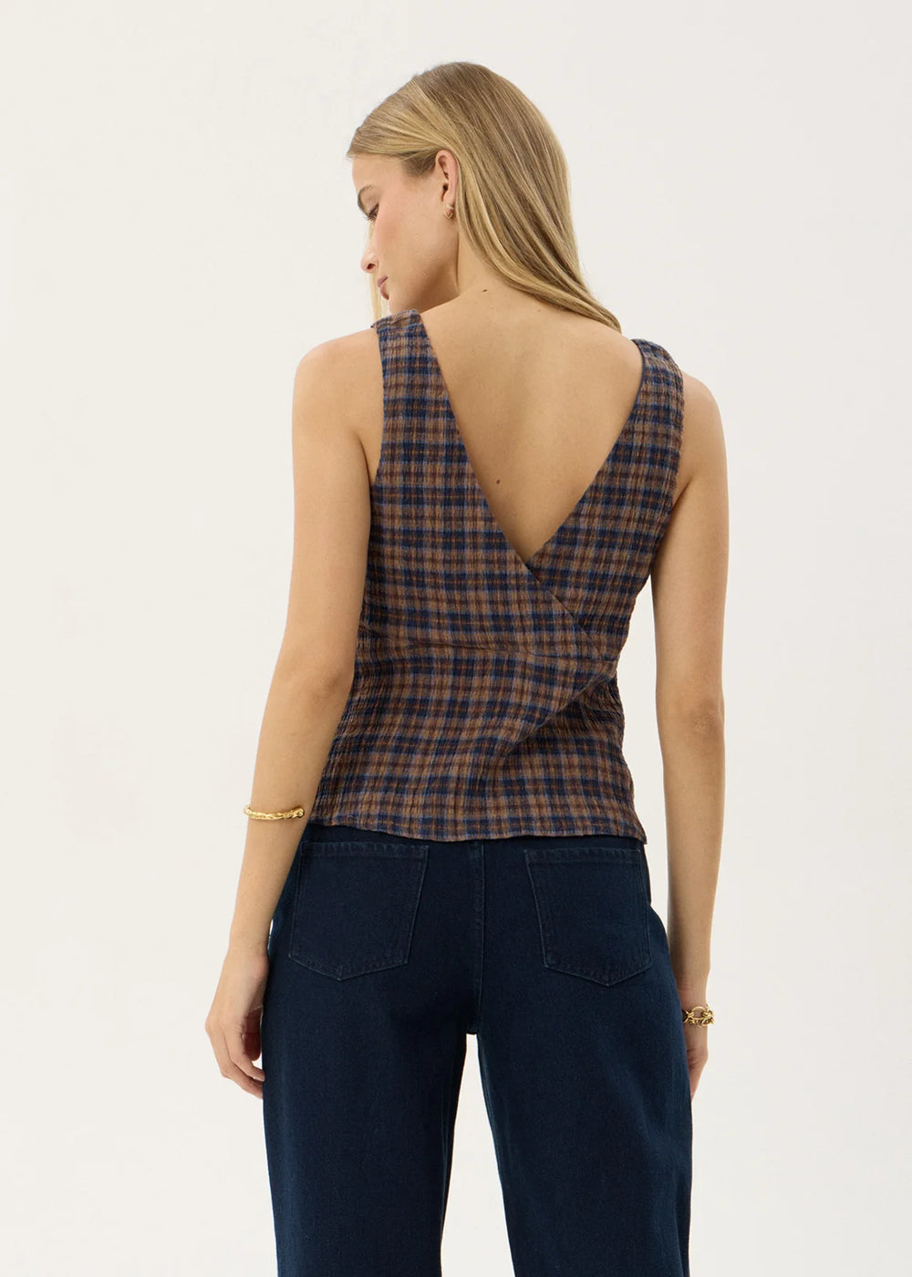 Womens Seersucker Top Giselle - Shev Indigo Check - AFENDS
