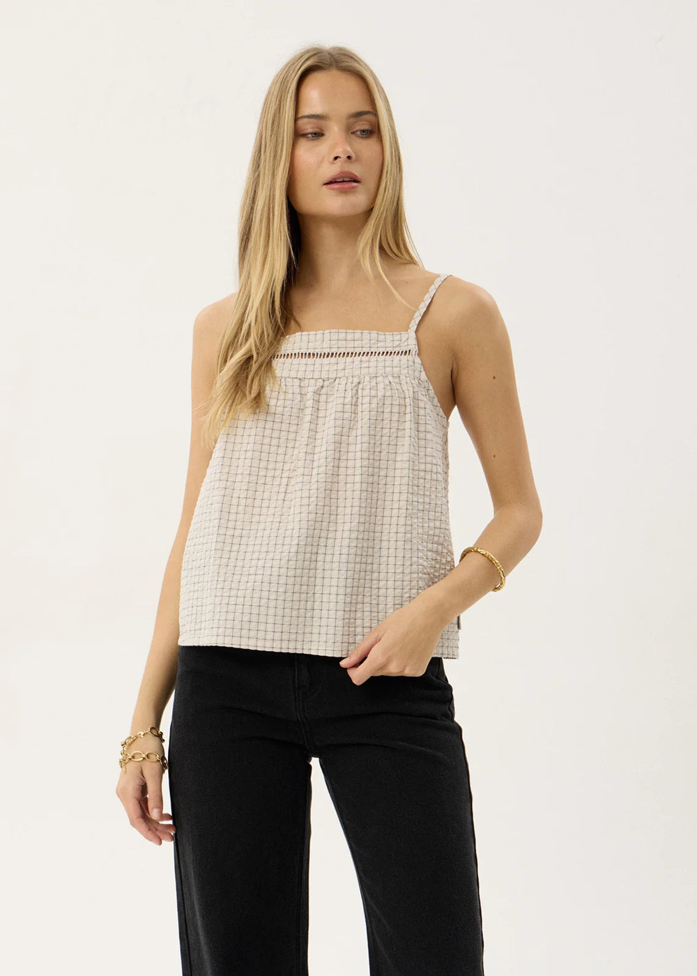 Womens Seersucker Cami Top Candice - Reverb Moonbeam Check - AFENDS