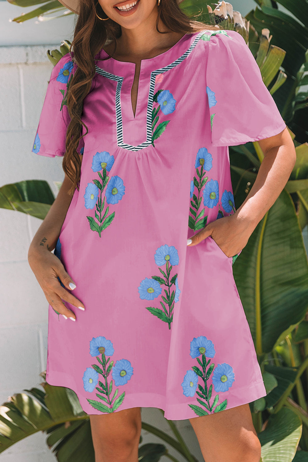 Rose Floral Short Sleeve Split Neck Loose Mini Dress