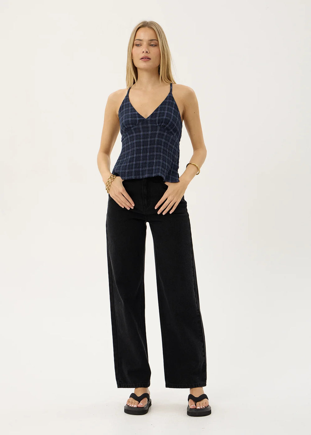 Womens Strappy Seersucker Top Etta - Thea Midnight Check - AFENDS
