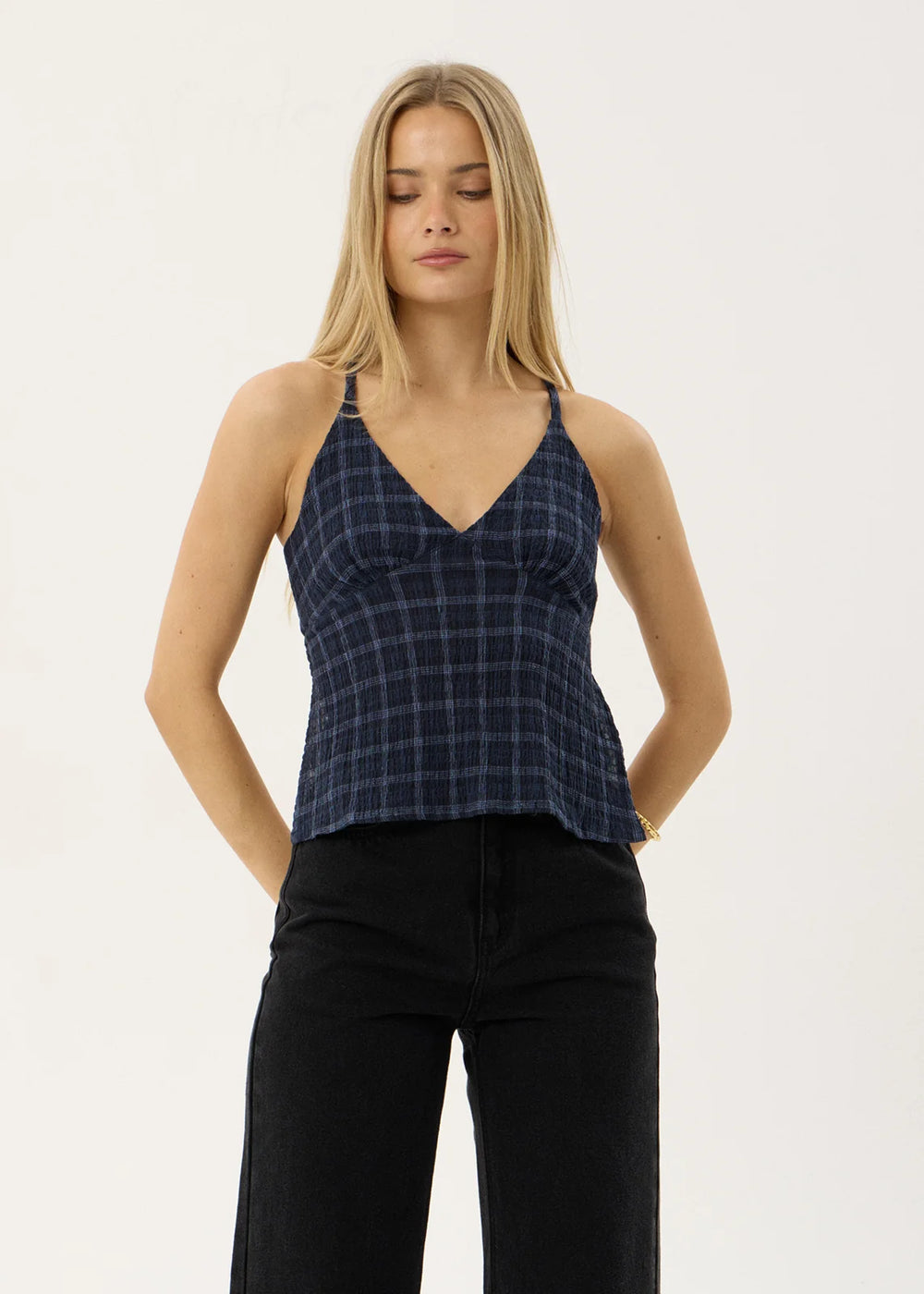 Womens Strappy Seersucker Top Etta - Thea Midnight Check - AFENDS