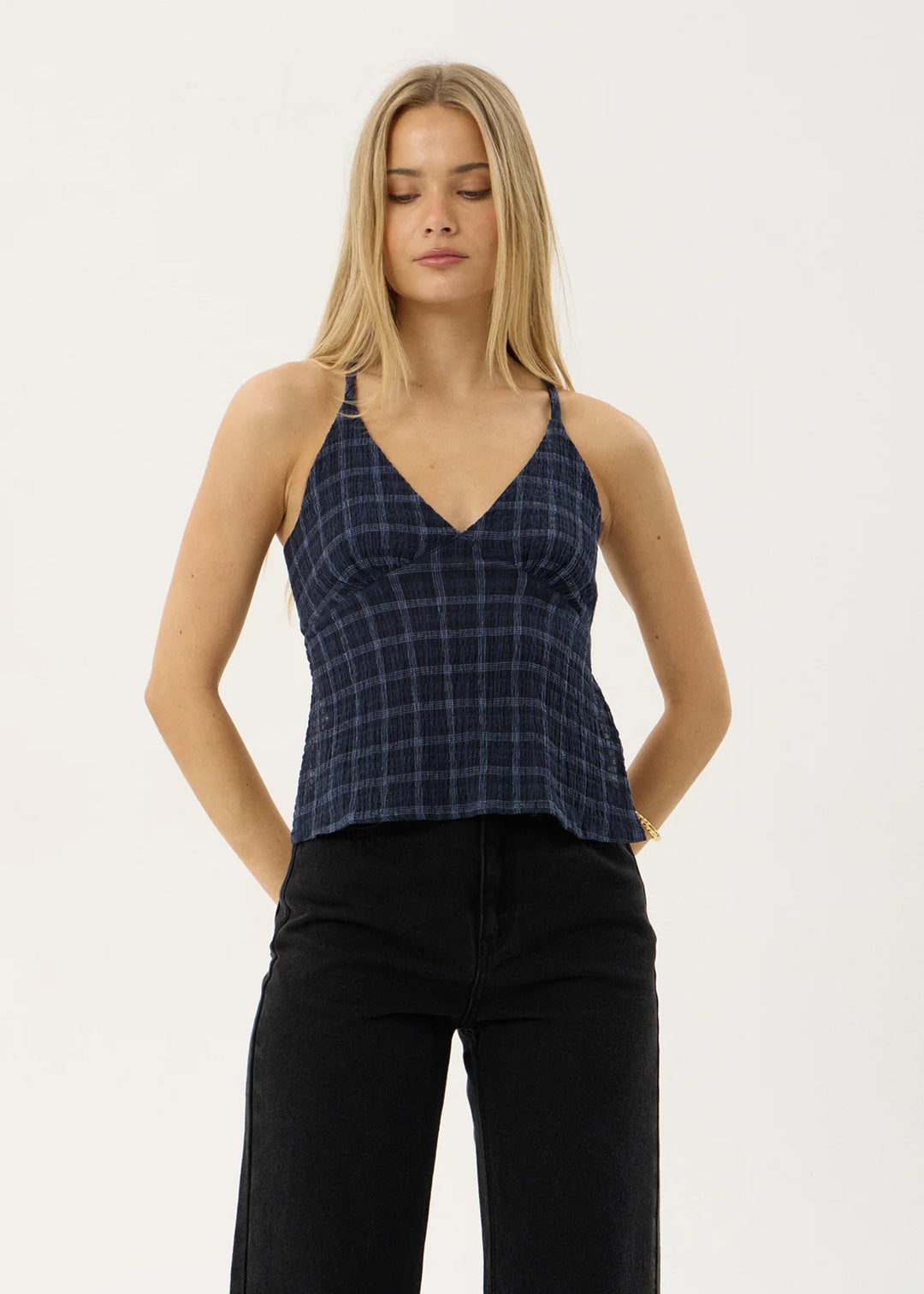 Etta Strappy Seersucker Top – Midnight Check