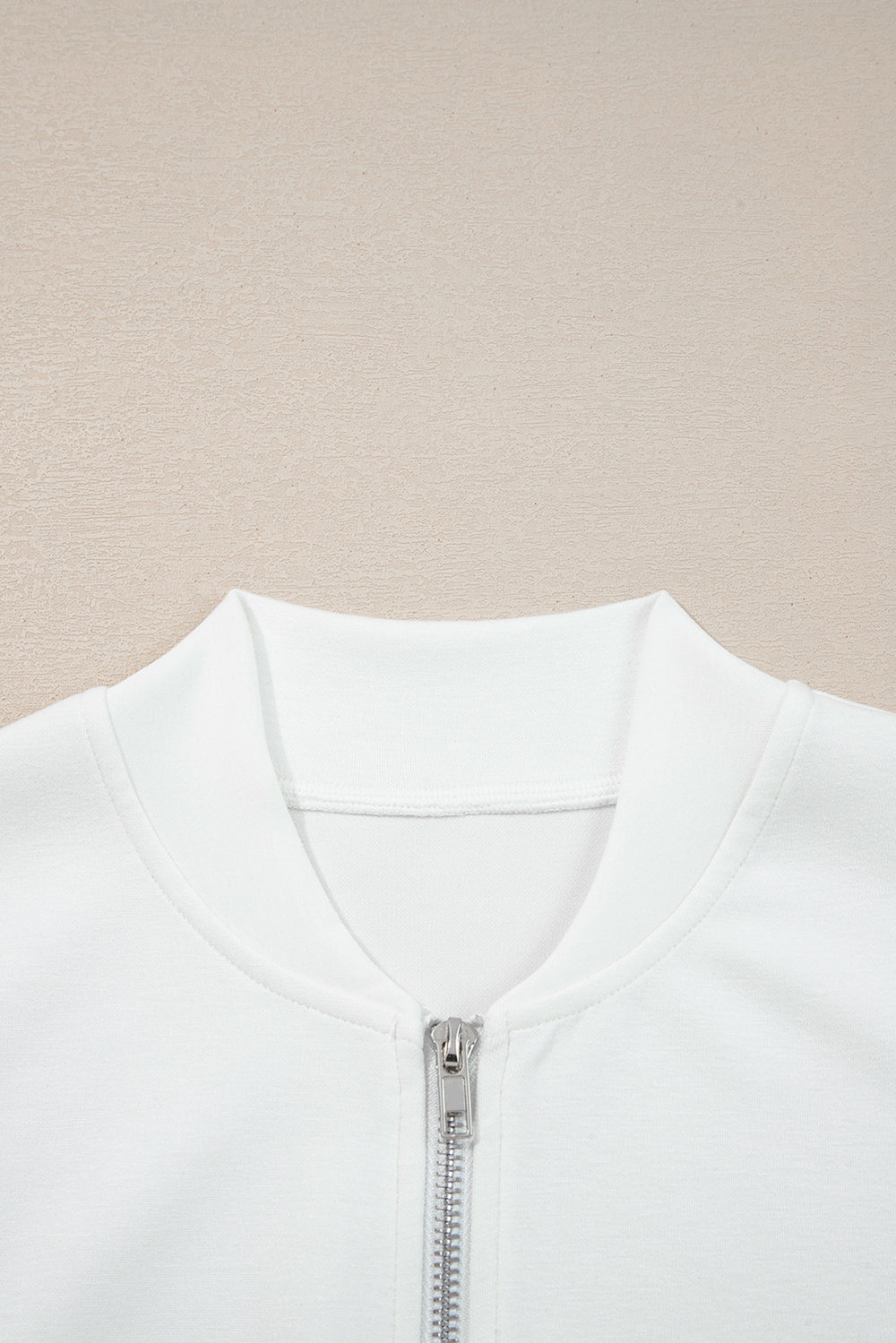 White Solid Color Zip Up Knit Puff Sleeve Jacket