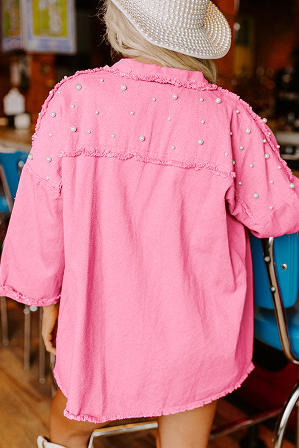 Bonbon Pearl Beaded Raw Hem Button Up Denim Jacket - Denim Jacket