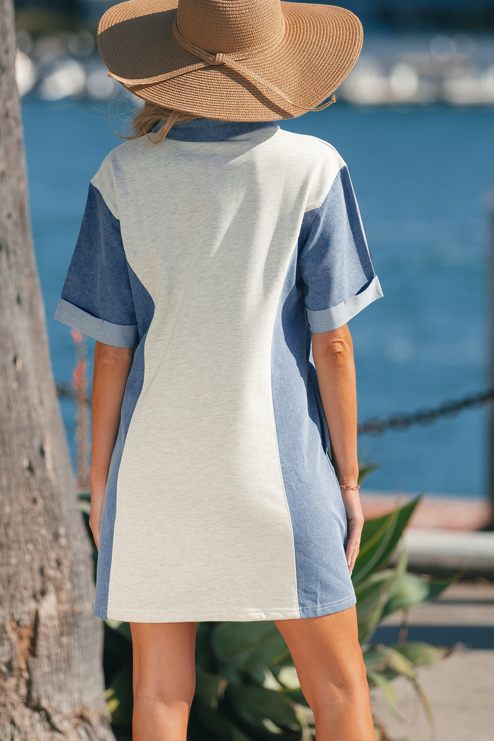 Light Grey Denim Color Block Patchwork Button Polo Collar T Shirt Tee Dress