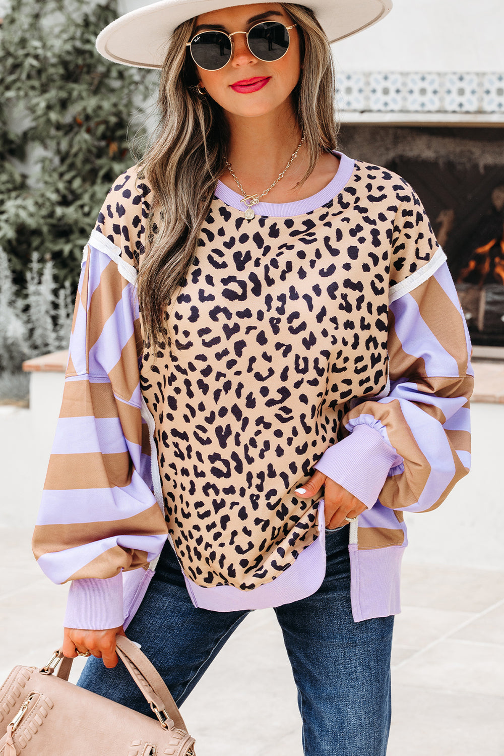 Khaki Stripe Color Block Patchwork Leopard Casual Sweatshirt with Slits