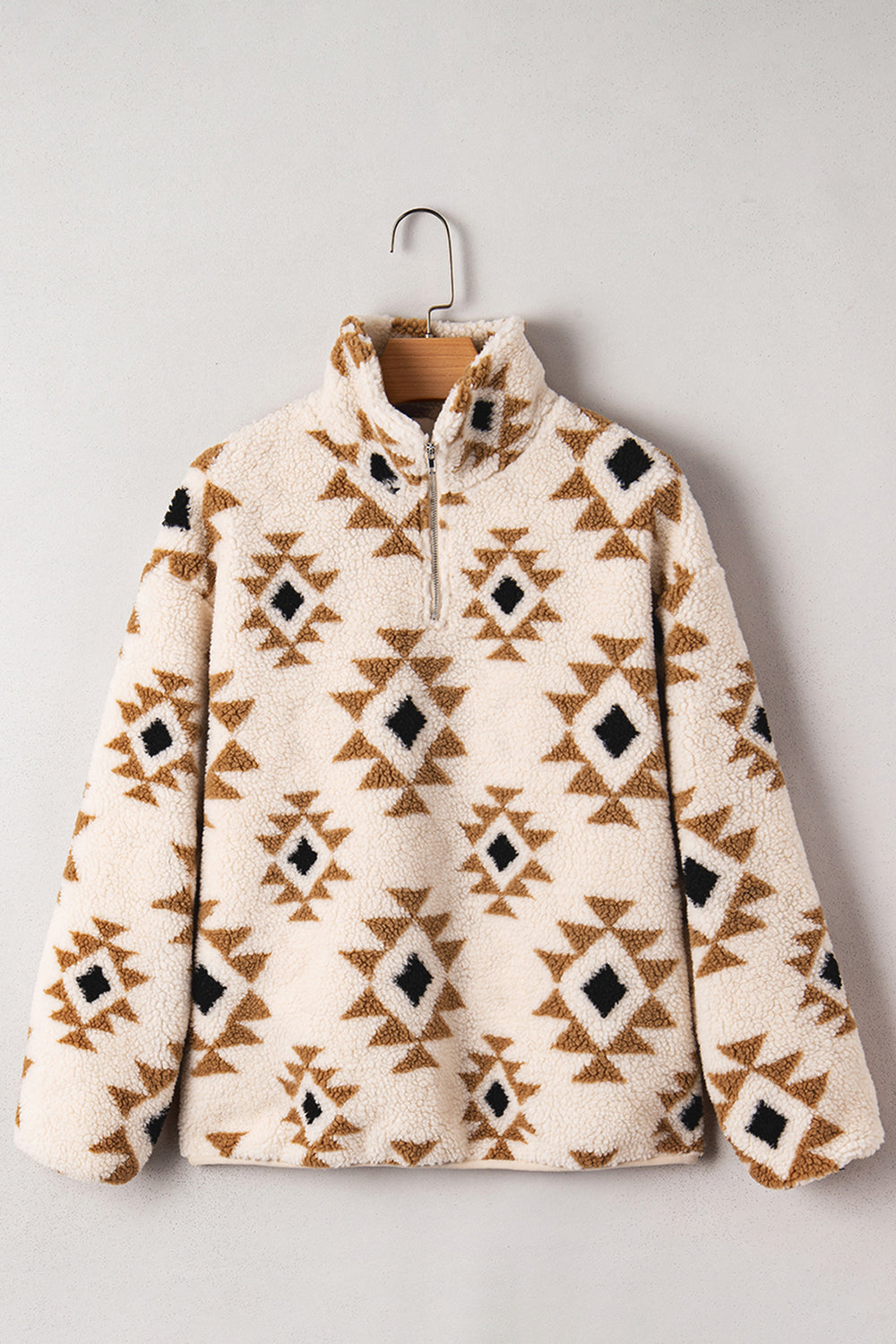 Khaki Aztec Print Sherpa Quarter Zip Collar Sweatshirt