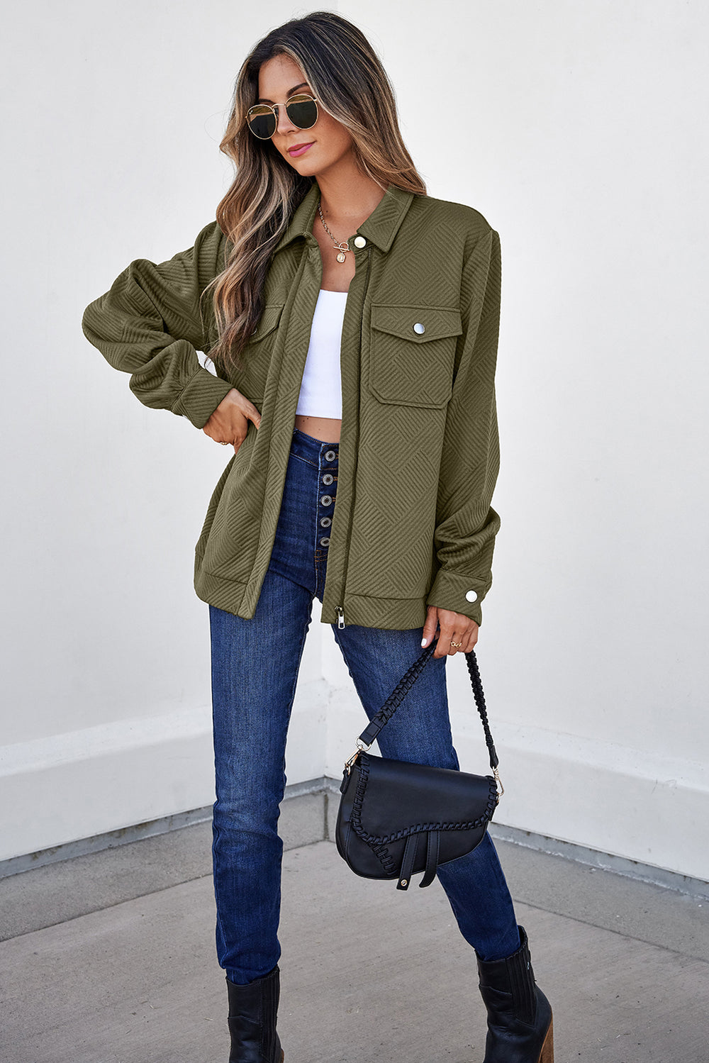 Blackish Green Solid Color Zip Up Button Flap Pocket Shirt Collar J...