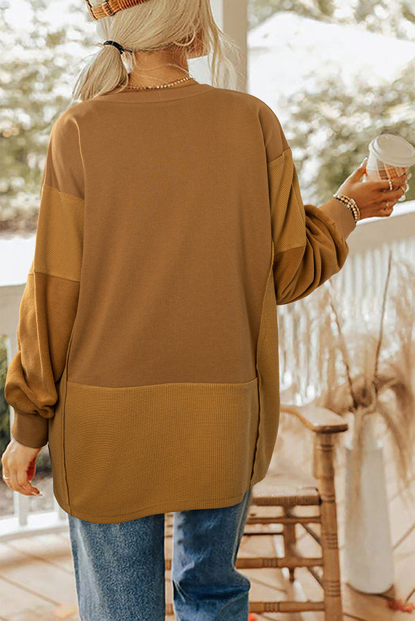 Multicolor Oversized Mixed Textured Split Neck High Low Patchwork Sweater