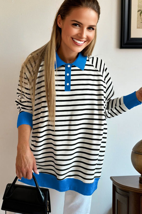 Black Stripe Color Block Patchwork Button Polo Collar Side Slit Swe...