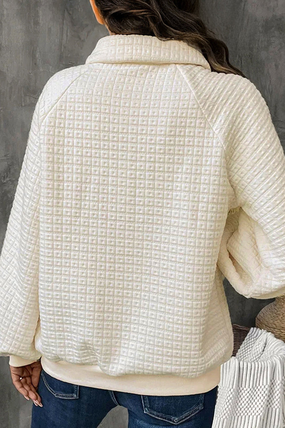 Beige Pineapple Textured Half Button Collared Sweatshirt