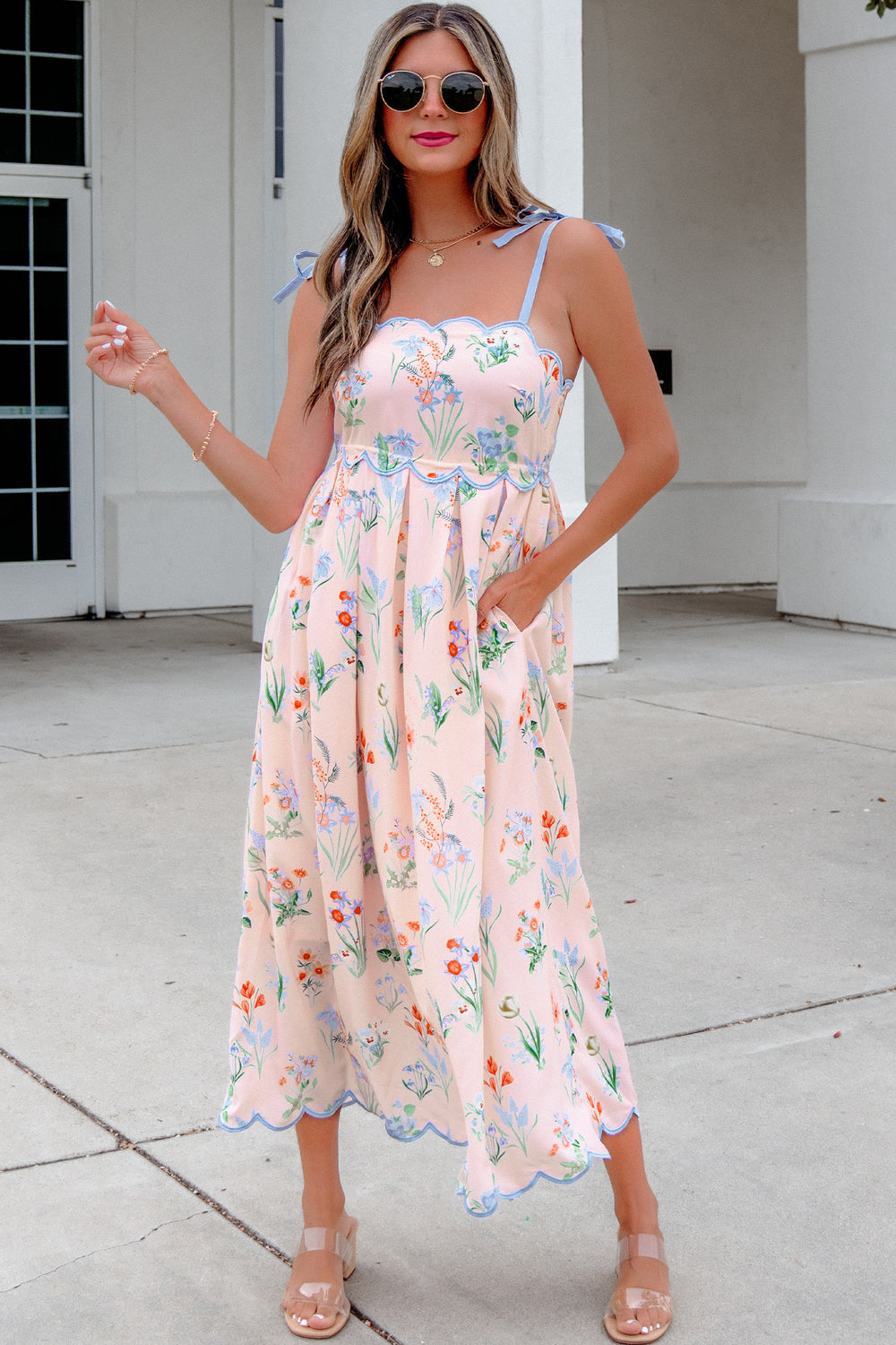 Beige Floral Print Contrast Trim Self-tie Straps High Waist Midi Dress