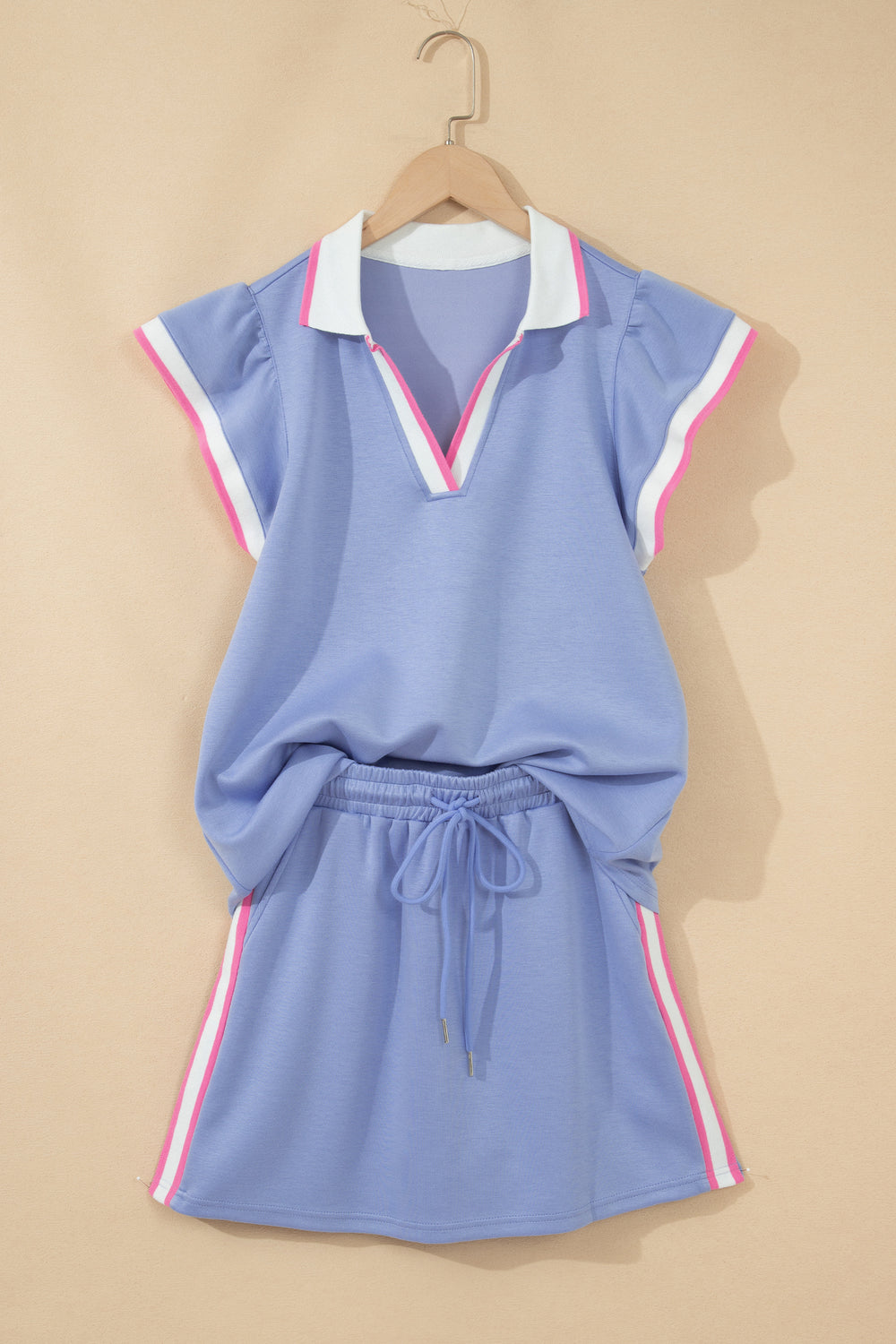 Black Preppy Striped Trim V Neck Polo Tee Drawstring Skort Set