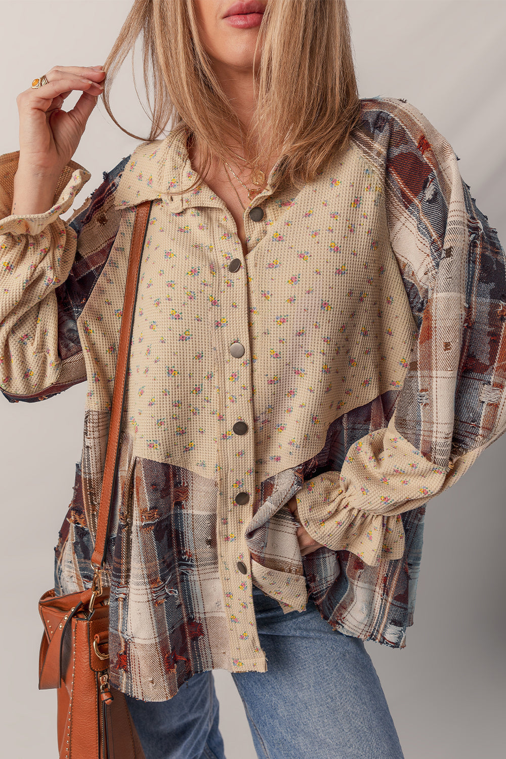 Oatmeal Boho Floral Plaid Patchwork Distressed Detail Ruffled Sleev...
