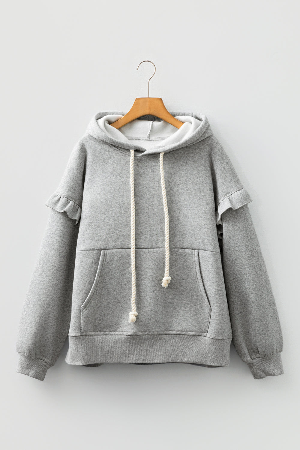 Gray Contrast Rope Drawstring Ruffle Trim Drop Shoulder Baggy Hoodie