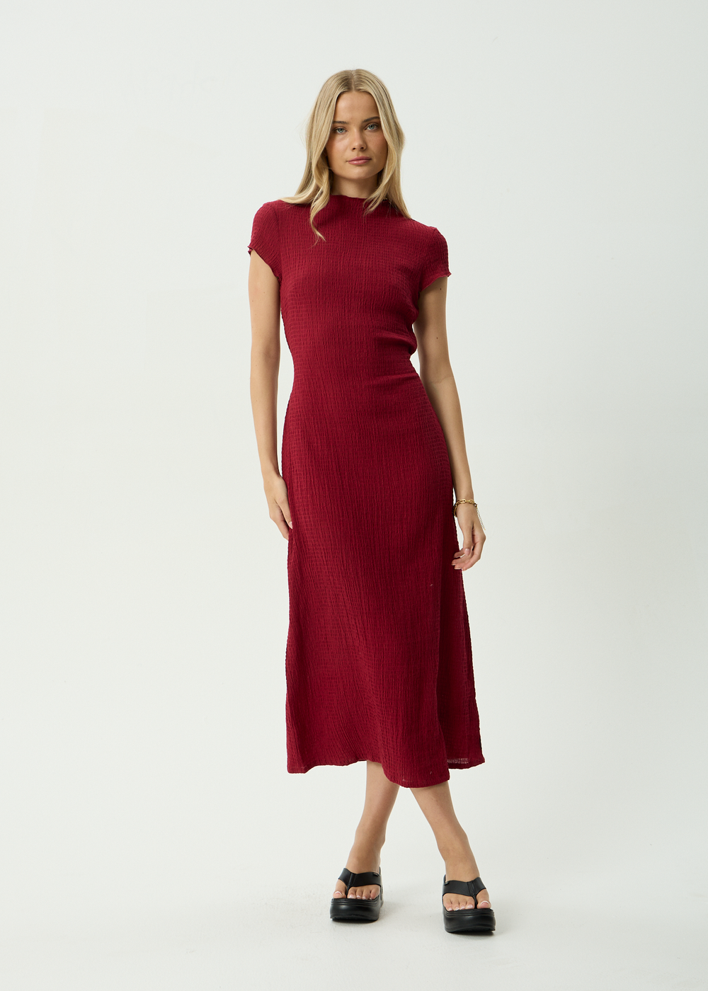 Womens Seersucker Midi Dress Elodie - Burgundy - AFENDS