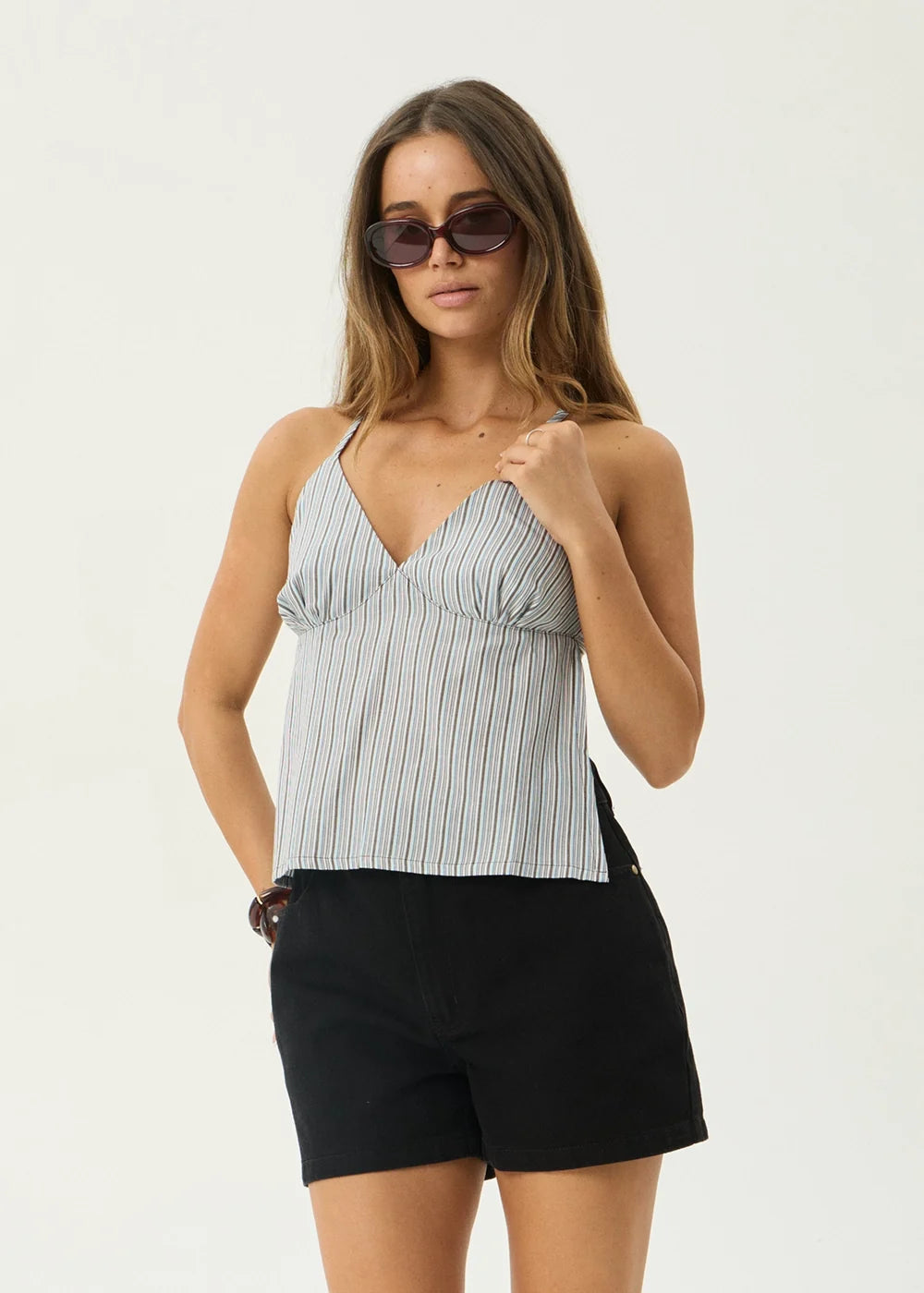 Womens Tie Top Annalise - Coffee / Blue Stripe - AFENDS