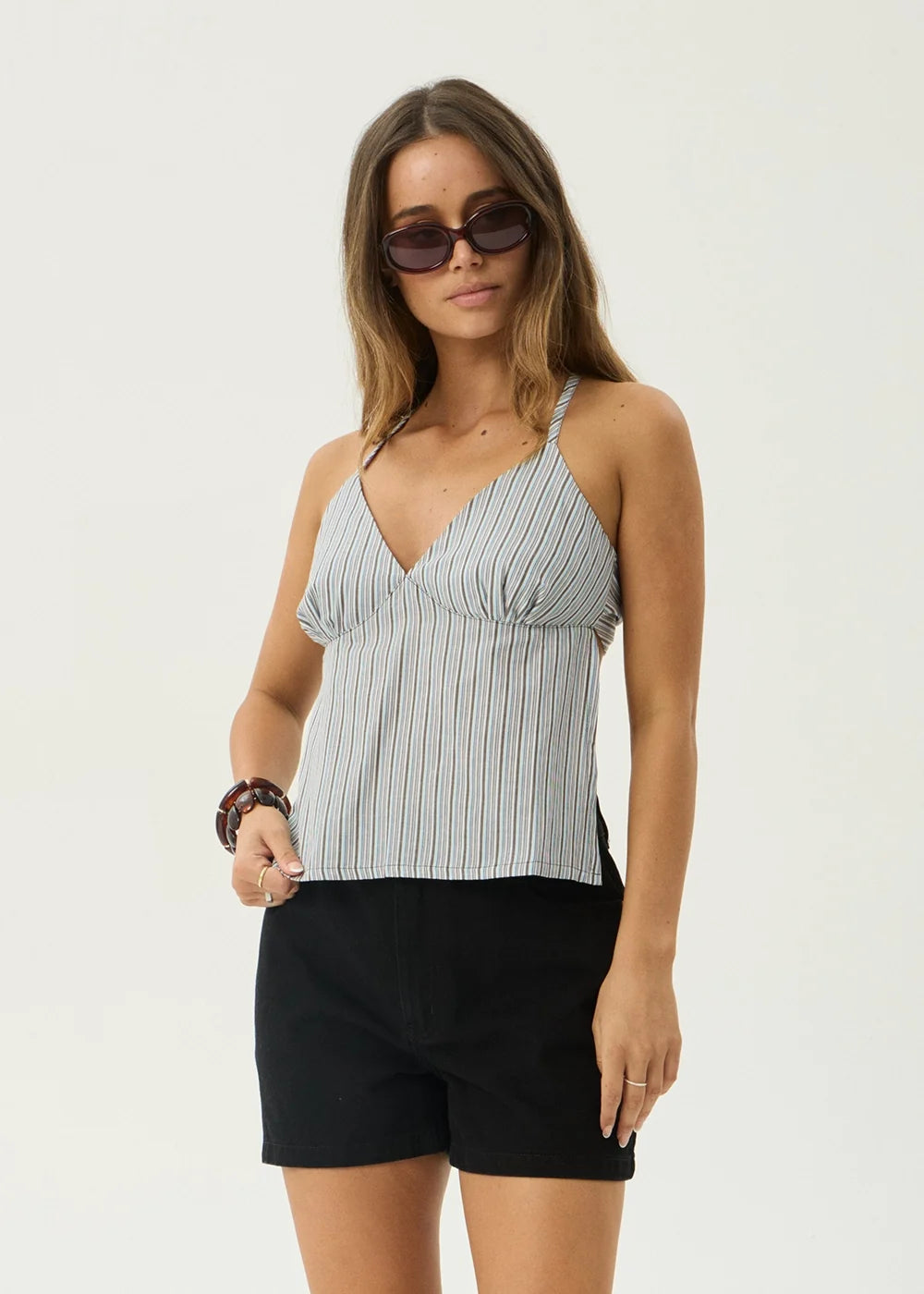 Womens Tie Top Annalise - Coffee / Blue Stripe - AFENDS