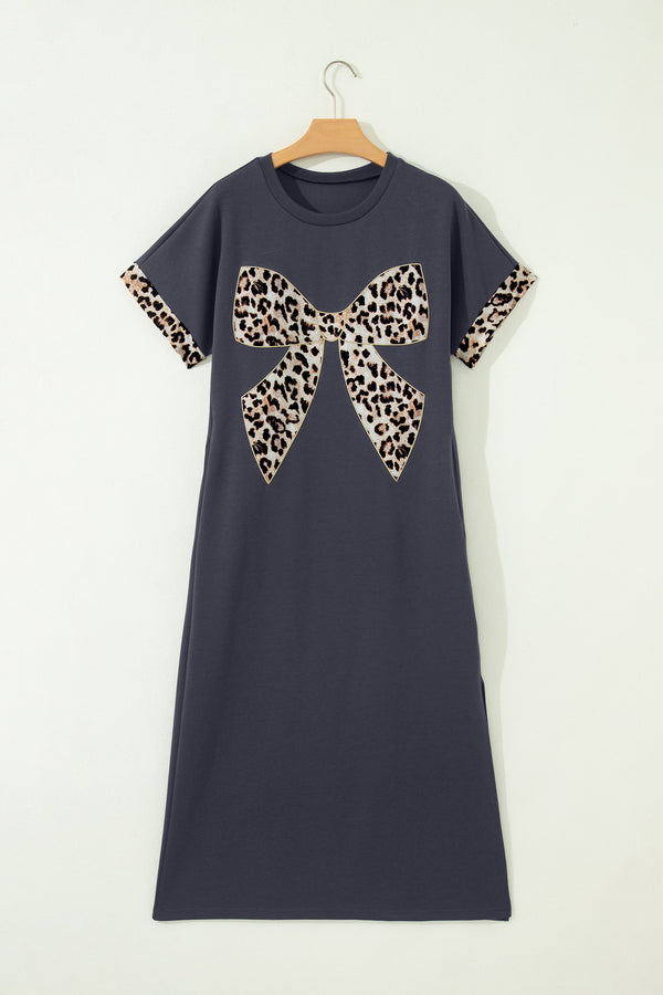 Dark Grey Contrast Leopard Bow Patched Short Sleeve T Shirt Long Dress
