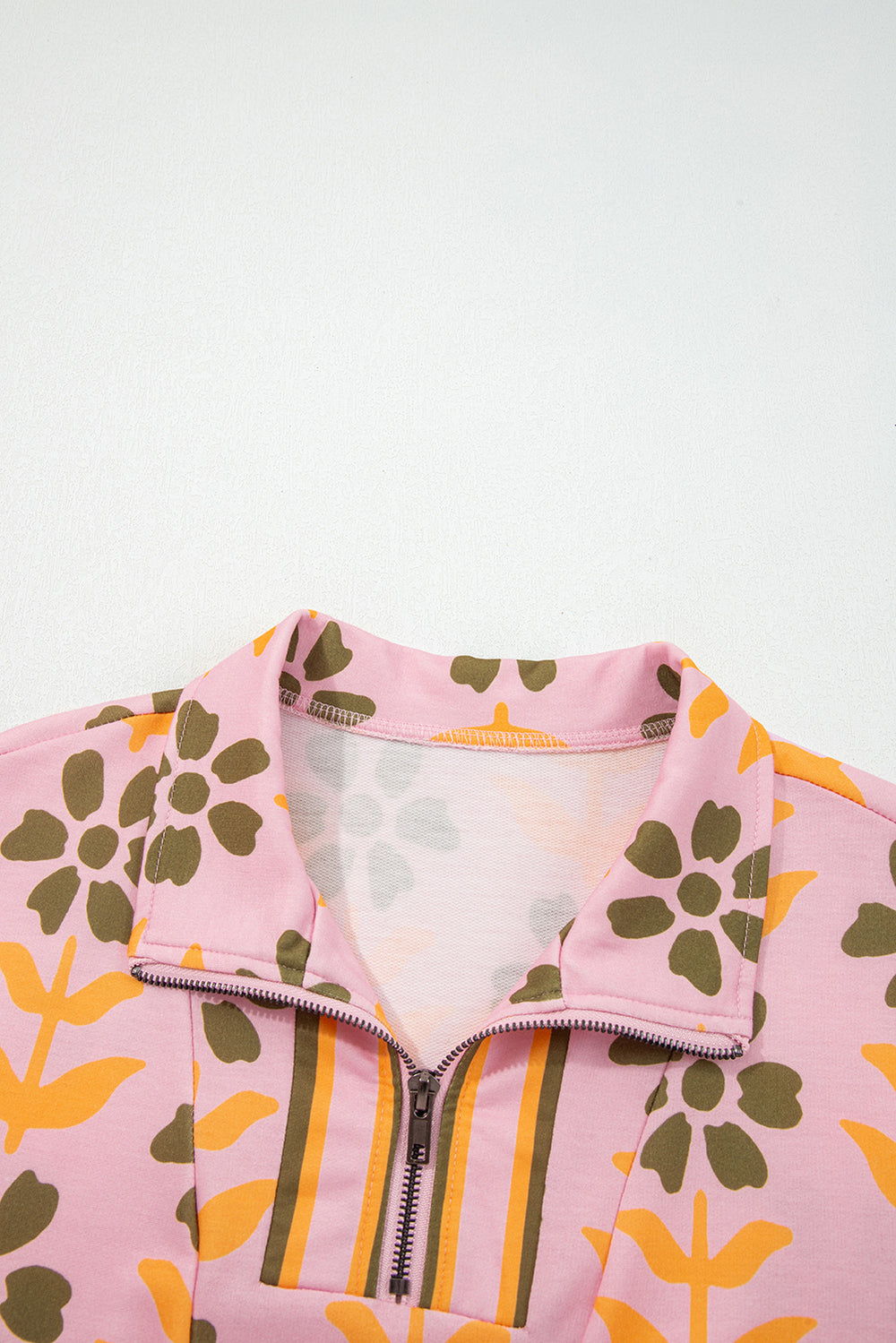 Pink Floral Print Zip Neck Striped Patchwork Long Sleeve Drawstring Dress