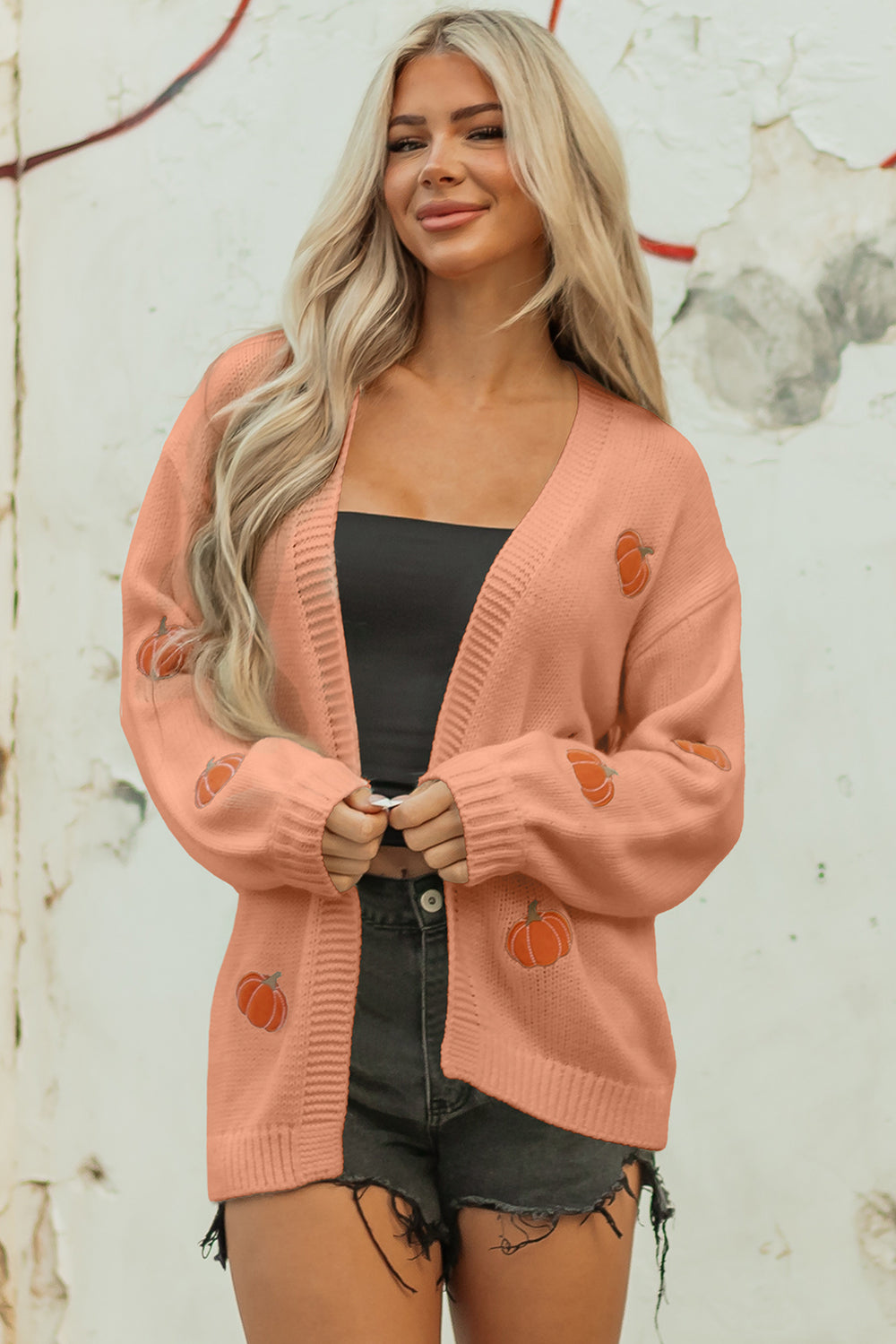 White Pumpkin Print Open Front Drop Shoulder Midi Cardigan