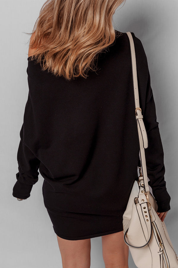 Black Asymmetric Neck Batwing Sleeve Shift Mini Sweater Dress
