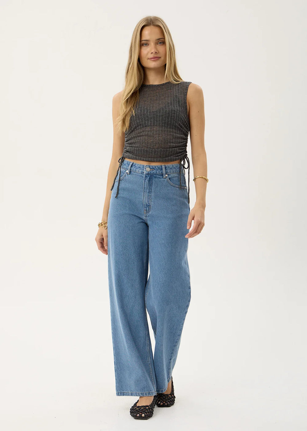 Womens Sheer Drawstring Tank Libra - Charcoal - AFENDS