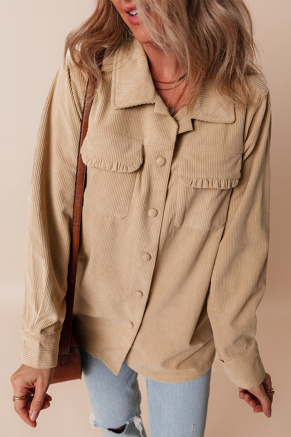 Light French Beige Solid Frilled Flap Pocket Button Up Corduroy Sha...